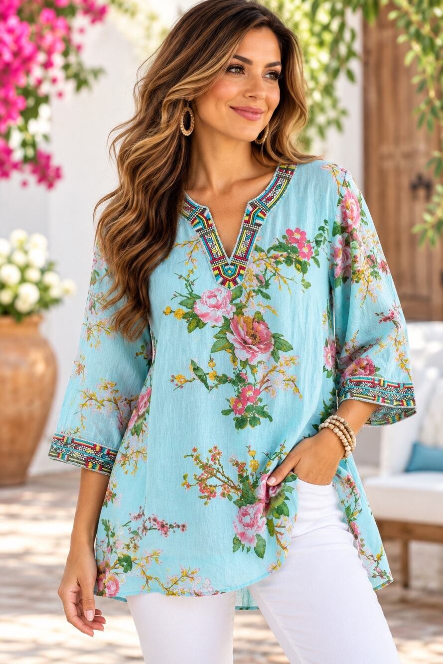 Soft Surroundings Teal Blue Green Rose Floral Tunic Top Size Medium